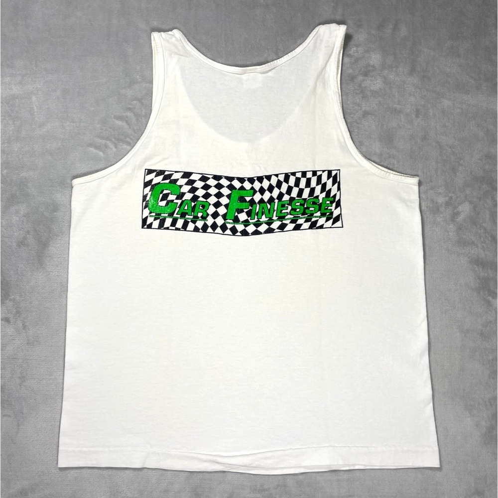 Vintage Car Finesse Tank Top Men L White Racing Checkered Flag Fruit of Loom